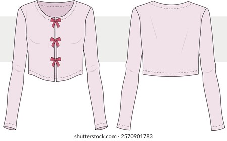 women's long sleeve bow front blouse rib cardigan top illustration technical drawing template. flat sketch vector cad. 
