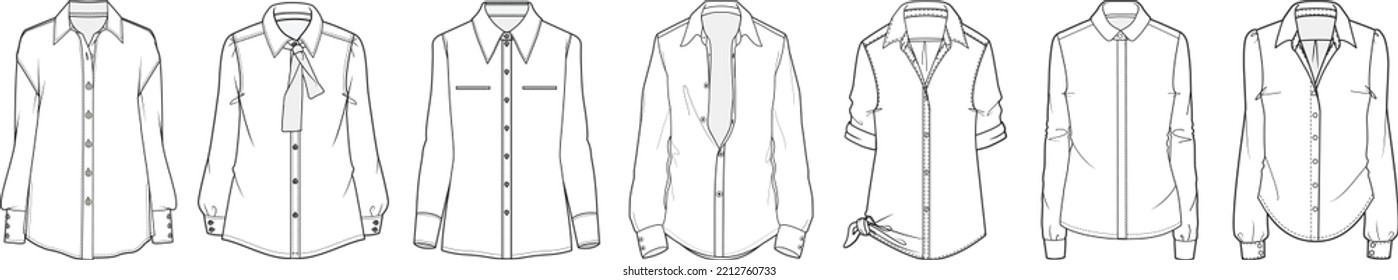 Womens Long Sleeve Collar Shirt Blouse Formal Wear Technical Drawing Fashion Flat Sketch Vector Illustration Template. Cad Mockup.