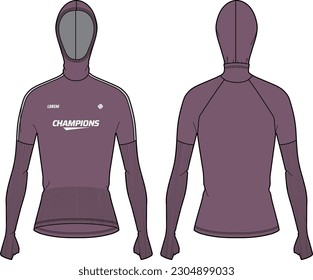 Womens Long sleeve Compression base layer hooded top t shirt flat sketch design illustration, Tight fit top design vector template, Active wear compression top concept with front and back view