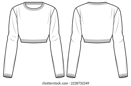 womens long sleeve crew neck crop top flat sketch vector illustration technical cad drawing template