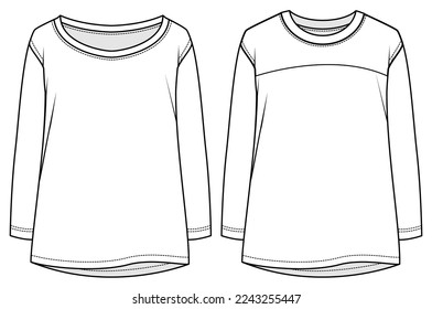 womens long sleeve crew neck t shirt flat technical cad drawing template