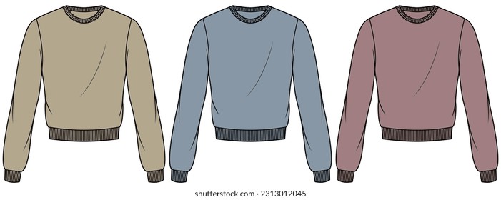 womens long sleeve crew neck rib sweater flat sketch vector illustration winter wear top technical cad drawing template