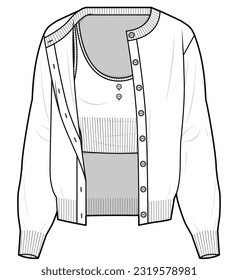 womens long sleeve crew neck cardigan flat sketch vector illustration technical cad drawing template