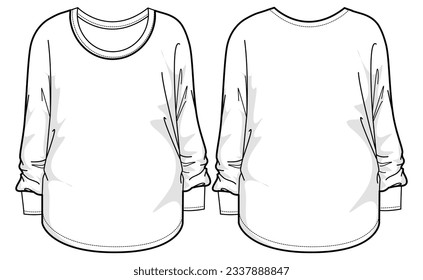 Women's Long sleeve Crew neck T Shirt flat sketch fashion illustration drawing template mock up with front and back view cad drawing