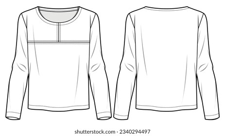 Women's Long sleeve Crew neck T Shirt flat sketch fashion illustration drawing template mock up with front and back view cad drawing