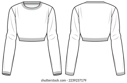 Women's  Long sleeve Crop top T Shirt flat sketch fashion illustration drawing template mock up with front and back view, Long sleeve active t-shirt