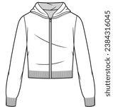 womens long sleeve cropped zip up hoodie jacket flat sketch vector illustration technical cad drawing template