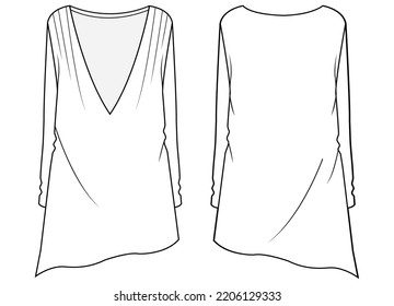 Womens Long Sleeve Deep V Neck Asymmetric Dress Front And Back View Flat Sketch Vector Illustration Cad Mockup.