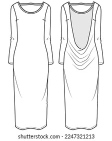 womens long sleeve draped back maxi dress flat sketch vector illustration front and back view technical cad drawing template