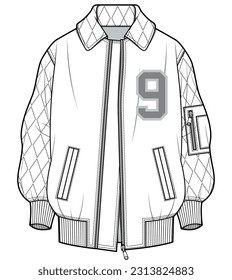 womens long sleeve drop shoulder bomber jacket flat sketch vector illustration technical cad drawing template