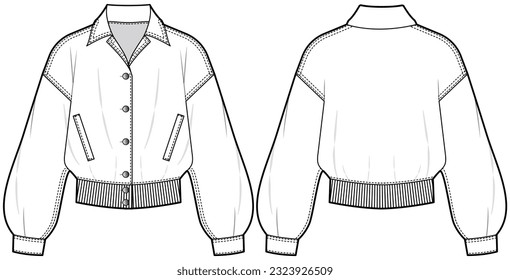 chaqueta de la bomba de hombro de manga larga de la mano de la mujer dibujo plano ilustración vectorial frente y retrovisor plantilla de dibujo de cad técnico