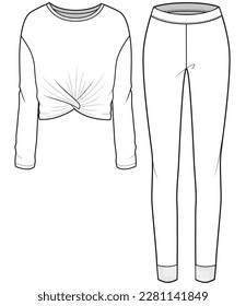 womens long sleeve front twist t shirt top and leggings flat sketch vector illustration lounge wear set technical cad drawing template