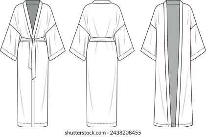 
Women's long sleeve Kimono dress flat line vector illustration, front back and beltless view, Kimono robe technical fashion illustration.