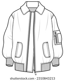 womens long sleeve oversize bomber jacket flat sketch vector illustration technical cad drawing template