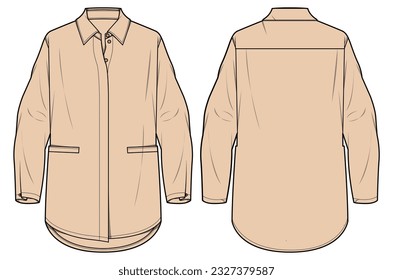 Women's long sleeve oversize Shirt Blouse flat sketch fashion illustration drawing front and back view, formal slim fit shirt blouse with collar for girls and ladies template mock up