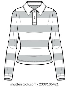 womens long sleeve polo t shirt flat sketch vector illustration technical cad drawing template