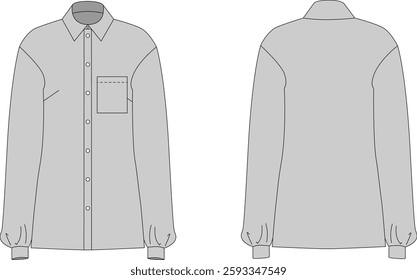 Women's long sleeve shirt, blouse, formal wear, technical drawing, fashion, flat sketch, front and back view. Vector illustration, template. CAD layout.