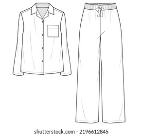 ropa de dormir de manga larga para las mujeres camiseta y plancha larga de sueño de pant set de moda dibujo plano ilustración vectorial. burla a la banda.