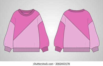 Women's Long Sleeve Sweatshirt overall technical sketch template Front and back view. Fashion Vector illustration Eps10.