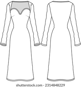 womens long sleeve sweetheart neck midi dress flat sketch vector illustration technical cad drawing template