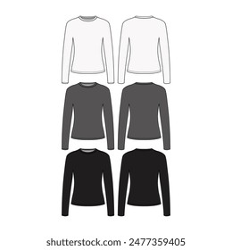 Womens Long Sleeve T Shirt Fashion Flat Sketch Long Sleeve Apparel Template Long sleeve round neck t shirt overall technical fashion flat sketch vector illustration template front and back views