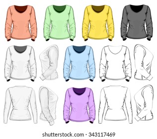 Women's long sleeve t-shirt design template (front, back and side view). No mesh. Vector illustration
