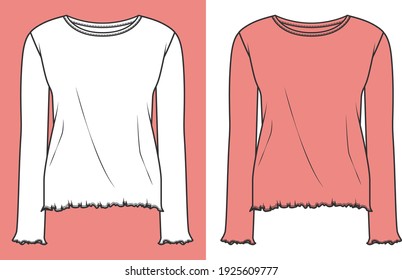 Women's Long Sleeve T-Shirt. Fashion Flat Sketch, apparel template, vector.Skip the dull step of drawing t shirt, by download the blank t shirt templates for designers and artists.Use them as a basis