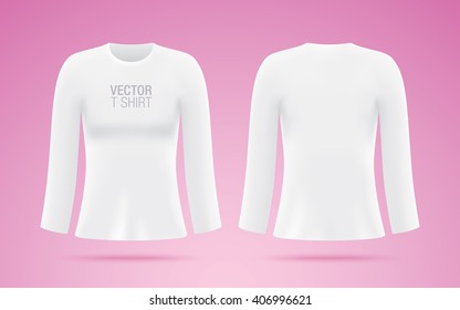 Women's long sleeve vector T-shirt. White T-shirt template isolated on pink background. Realistic mockup.