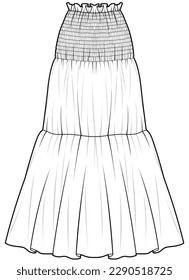 womens long smocked maxi skirt flat sketch vector illustration technical cad drawing template