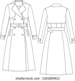 Women's Long Trench Coat With Belt Fashion CAD Technical Flat Illustration Vector