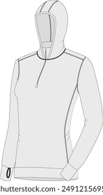 Women's Longsleeve Half-Zip Pullover Sport Hoodie technical CAD fashion illustration front angled view 45 degrees 