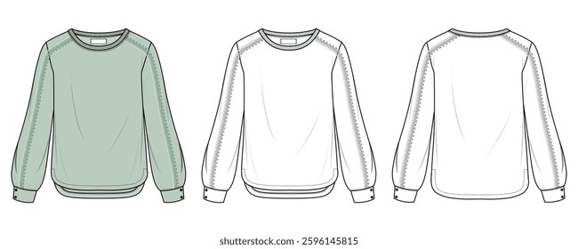 Women's Long-Sleeve Lace-Detail Sweatshirt Fashion Flat Sketch – Front and Back CAD Template