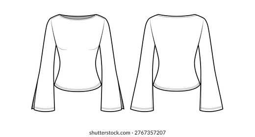 Women's Long-Sleeve Top with Flared Side Slit Sleeves-Front and Back View- Fashion Flat- Vector Illustration- CAD Mock-up