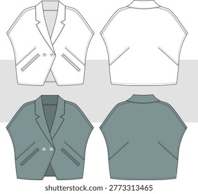Women's loose fitted sleeveless jacket, vest fashion technical drawing, illustration. Stylish vest vector. Front and back view. Cad, Mockup.