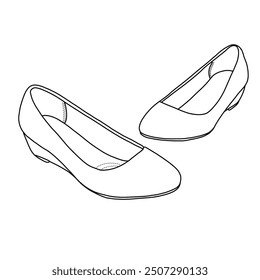 Zapatos de tacón bajo para mujer Arte de línea, boceto técnico dibujo a mano esbozo Vector doodle ilustración isométrica y vista lateral aislado sobre fondo blanco