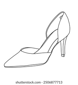 Women's Low Stiletto Heel Dress Platform Pumps Shoes Line art, Technical sketch hand drawing outline vector doodle illustration isometric view isolated on white background