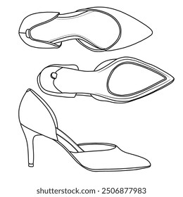 Women's Low Stiletto Heel Dress Platform Pumps Shoes Line art, Technical sketch hand drawing outline vector doodle illustration side, top and bottom view isolated on white background