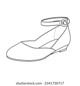 Frauen Low Wedge Knöchelriemen Wohnungen Ballett Schuhe Linie Kunst, Technische Skizze Handzeichnung Umriss Vektor Doodle Illustration Seite isometrische 3D-Ansicht einzeln auf weißem Hintergrund