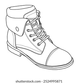 Damenschuh Sohle Mittelferse Knöchel Stiefel doppelt elastische Gore Schuhe Linie Kunst, Technische Skizze Handzeichnung Umriss Vektor Doodle Illustration isometrische 3D-Ansicht einzeln auf weißem Hintergrund