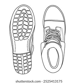 Damenschuh Sohle Mittelferse Knöchel Stiefel doppelt elastische Gore Schuhe Linie Kunst, Technische Skizze Handzeichnung Umriss Vektor Doodle Illustration Ober- und Unterseite einzeln auf weißem Hintergrund