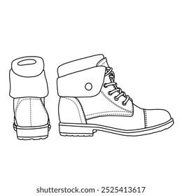 Damenschuh Sohle Mittelferse Knöchel Stiefel doppelt elastische Gore Schuhe Linie Art, Technische Skizze Handzeichnung Umriss Vektor Doodle Illustration Seite und Rückseite einzeln auf weißem Hintergrund