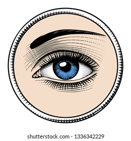 Women's luxurious eyes with perfect eyebrowes and full lashes. Vintage engraving stylized drawing. Vector illustration