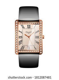 Women's luxurious wrist watch. Expensive gold watch with diamonds and leather strap. Conception of punctuality, accuracy and time measurement flat vector illustration isolated on white background.