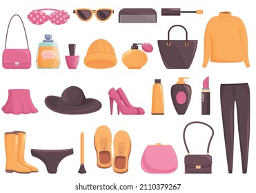 Womens magazine icons set cartoon vector. Beads handbag. Elegant bra