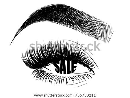 Women's makeup look with eyebrows and lashes. Sale reflection in the eyes