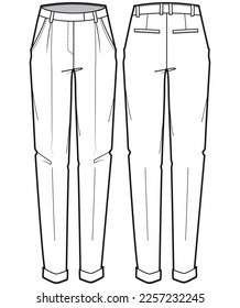 Women's mannish pants  trouser design flat sketch fashion illustration front and back view, Pleat front peg trouser pants cad drawing vector template