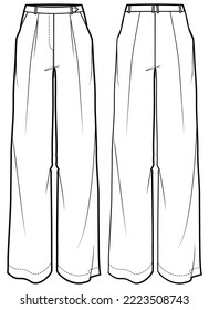 Women's mannish pants  trouser flat sketch fashion illustration front and back view, loos fit pant design