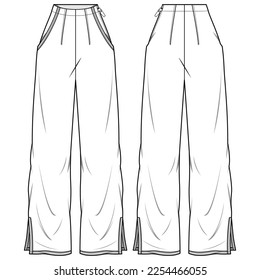 Women's  mannish pants  trouser flat sketch fashion illustration front and back view, wide leg flare pant design cad drawing