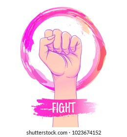 Women's March. Female hand with her fist raised up. Girl Power. Feminism concept. Realistic isolated vector illustration in pink hand drawn watercolor circle. Sticker, patch design. International 