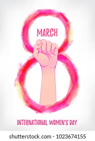 Women's March. Female hand with her fist raised up. Girl Power. Feminism concept. Realistic isolated vector illustration in pink hand drawn watercolor circle. Sticker, patch design. International 